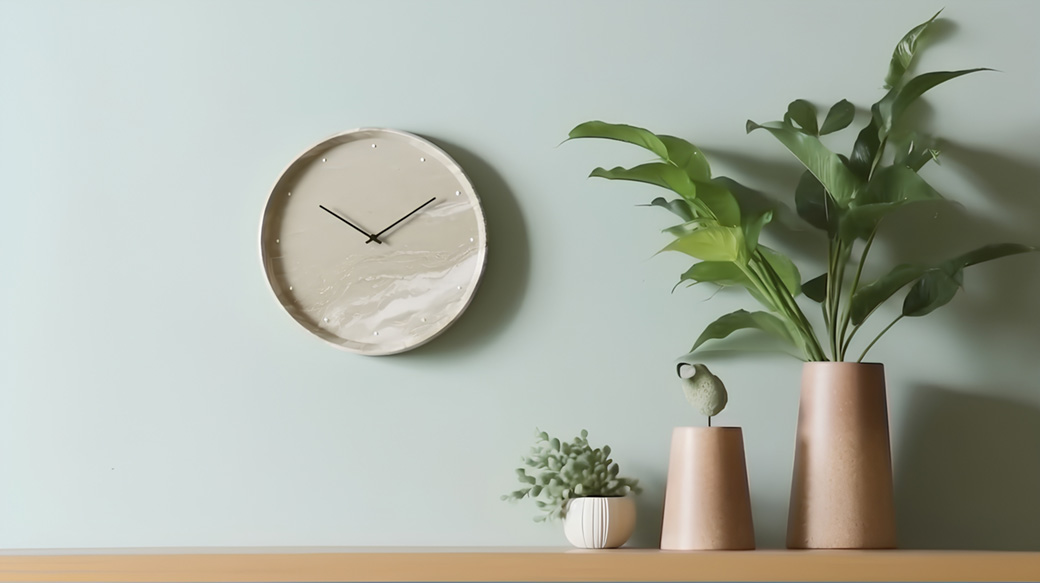 時計と観葉植物の画像