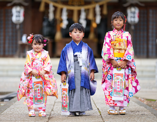 七五三の記念写真 三歳五歳七歳の着物を着た子供の画像